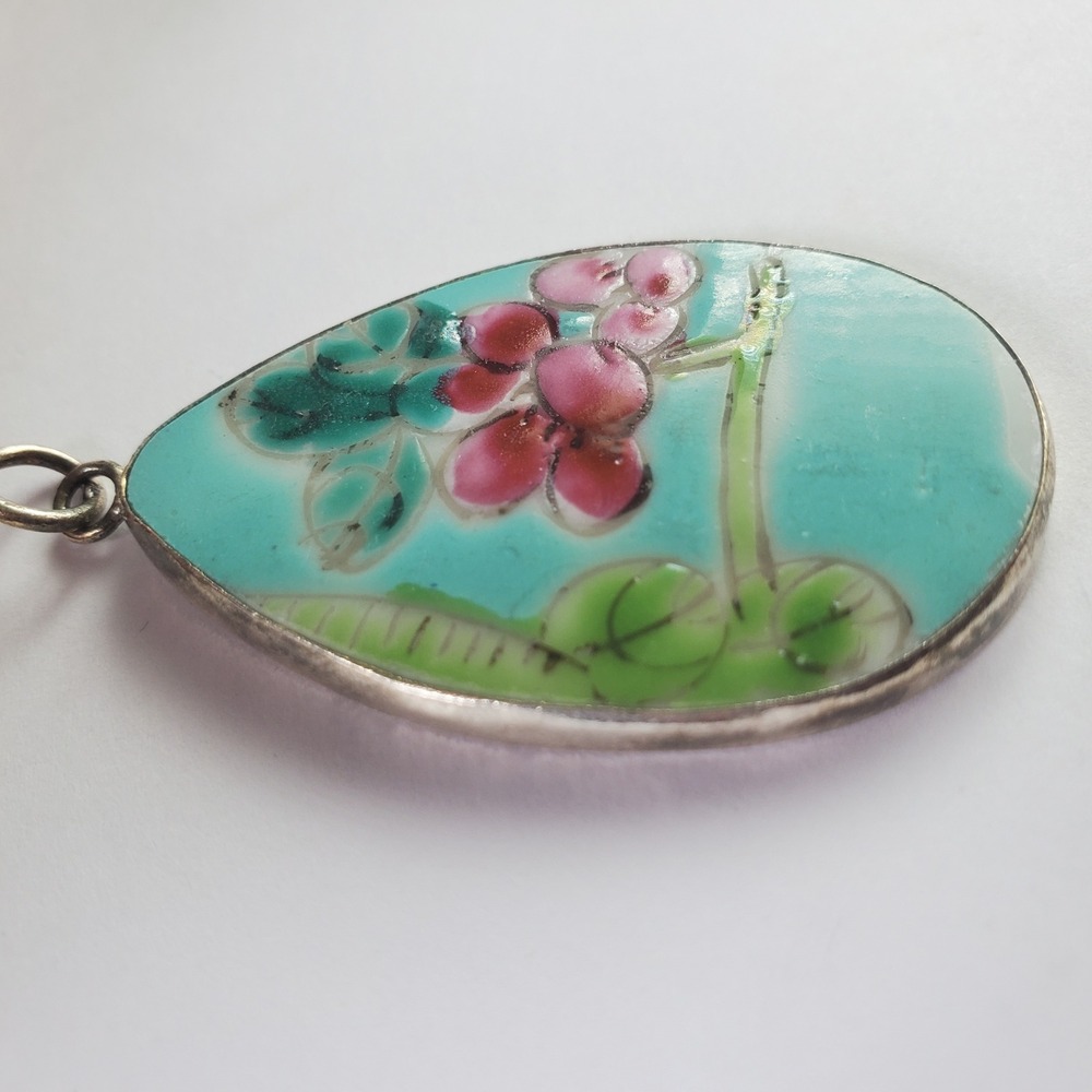 Vintage Turquoise Cloisonne Enamel Floral Teardrop Pottery Shard Pendant Focal‎ - Picture 3 of 10
